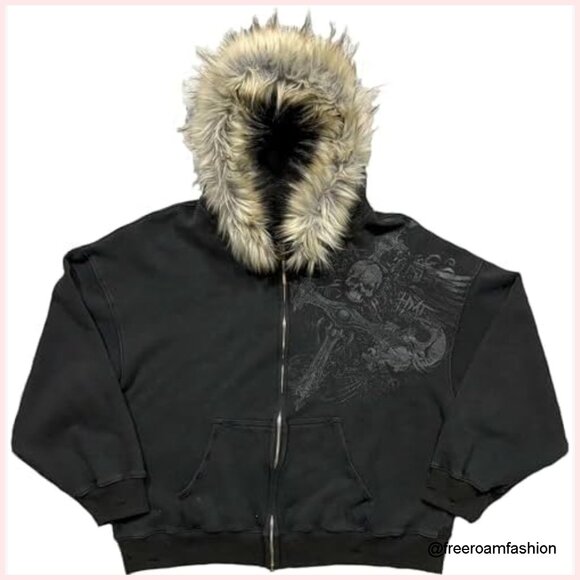 Oversized Zip Up Hoodie with Faux Fur Hood Y2K Goth Graphic Sweatshirt